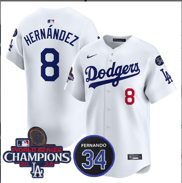 Men MLB Los Angeles Dodgers #8 Hernandez white 2024 World Series Champions Patch Limited Jersey style 2->customized mlb jersey->Custom Jersey